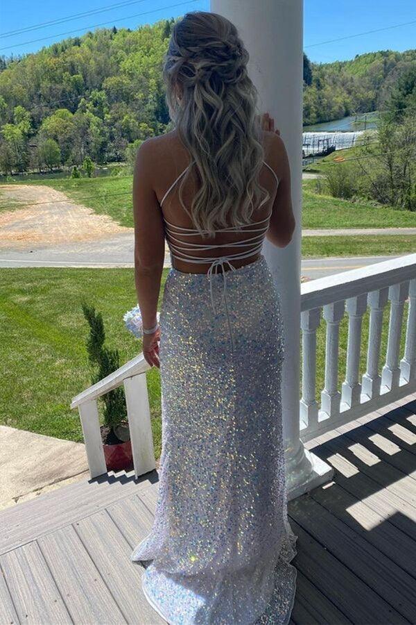 Vestido de fiesta largo blanco sin espalda con lentejuelas de sirena
